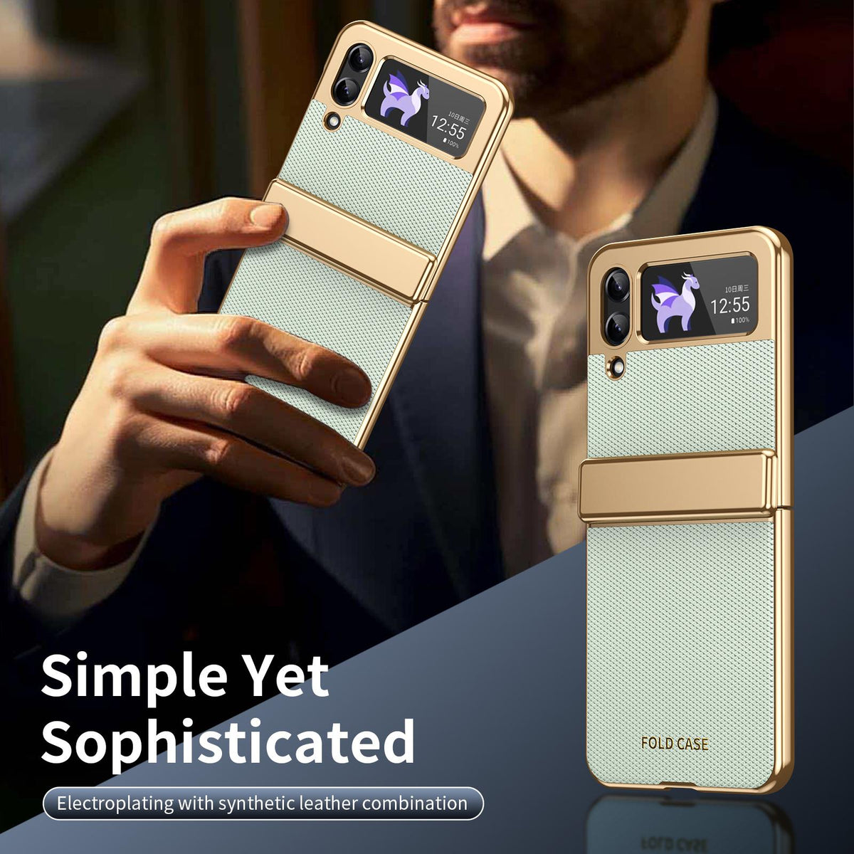 For Galaxy Z Flip3 5G Electroplated PC Fold Shockproof Vegan Leather Phone Case - Cyan - EDA010120012C