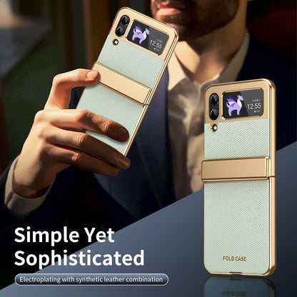 For Galaxy Z Flip3 5G Electroplated PC Fold Shockproof Vegan Leather Phone Case - Cyan - EDA010120012C