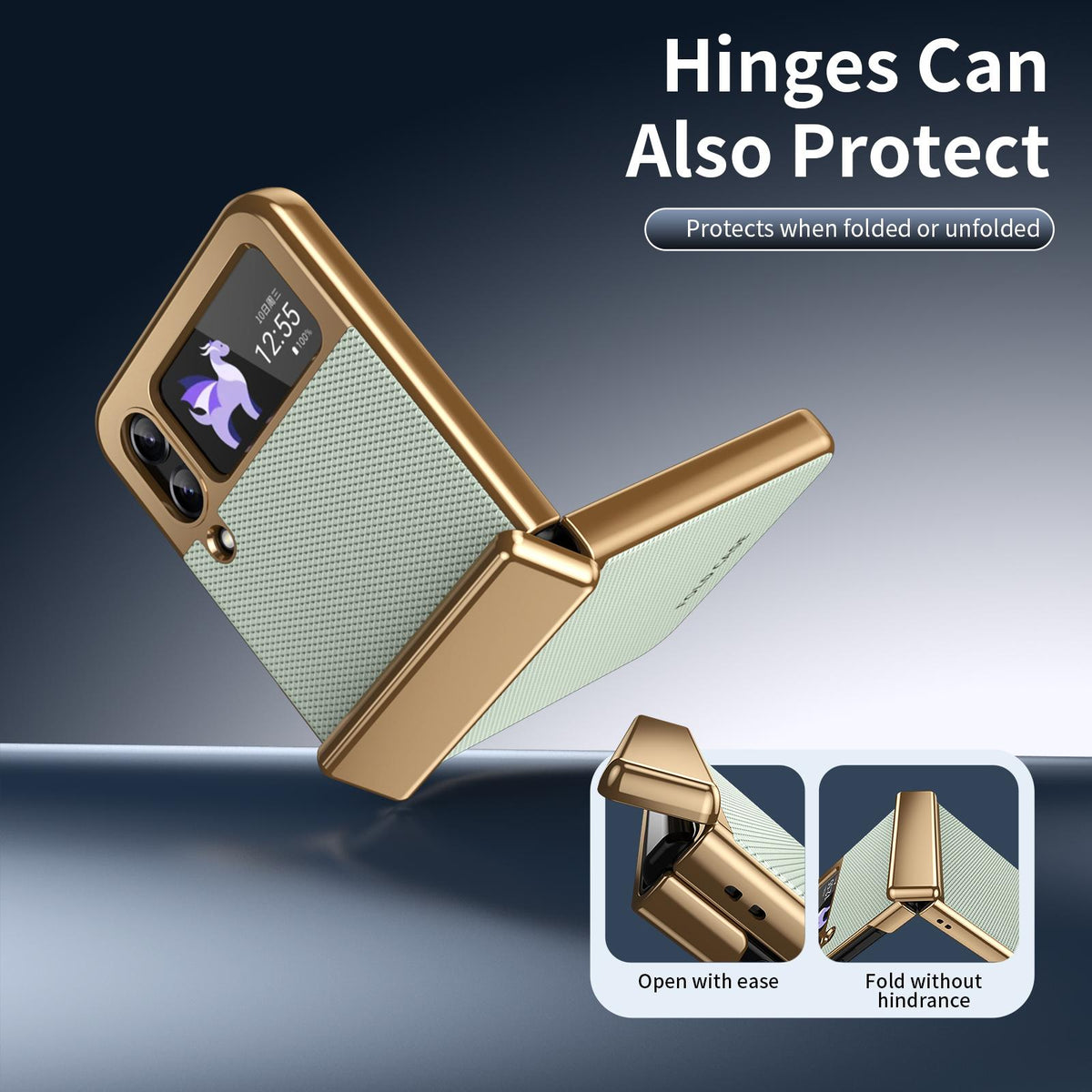 For Galaxy Z Flip3 5G Electroplated PC Fold Shockproof Vegan Leather Phone Case - Cyan - EDA010120012C