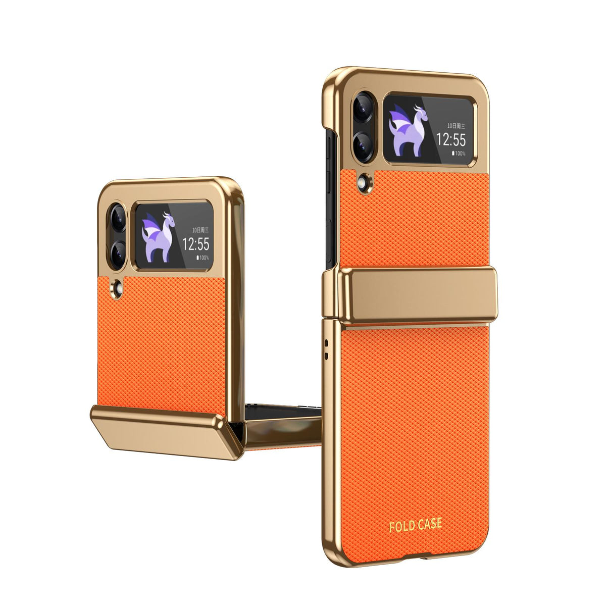 For Galaxy Z Flip3 5G Electroplated PC Fold Shockproof Vegan Leather Phone Case - Orange - EDA010120012D