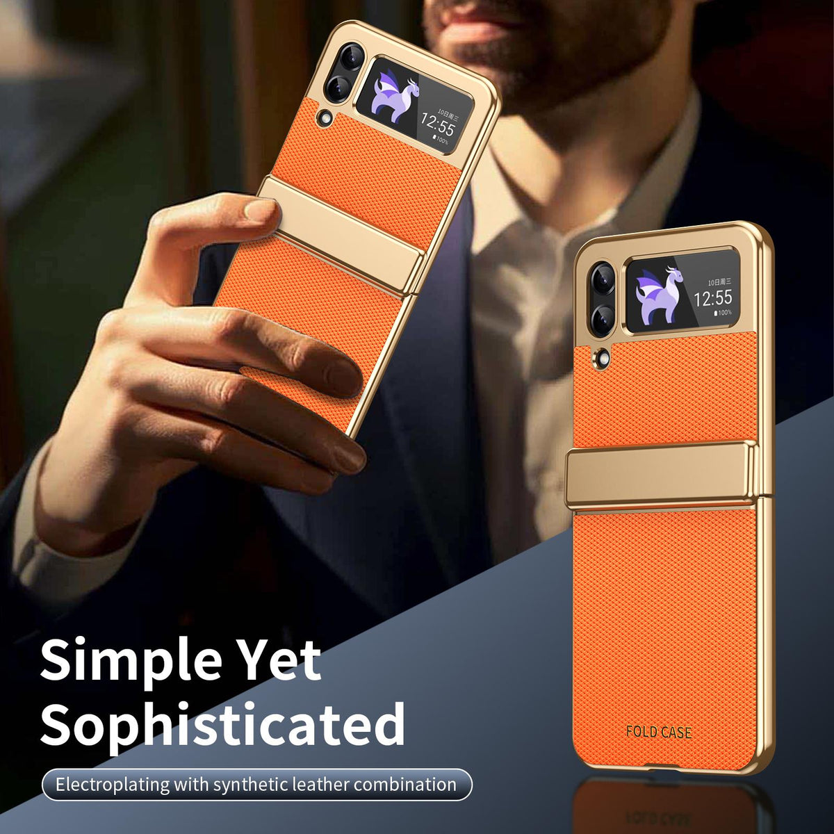 For Galaxy Z Flip3 5G Electroplated PC Fold Shockproof Vegan Leather Phone Case - Orange - EDA010120012D