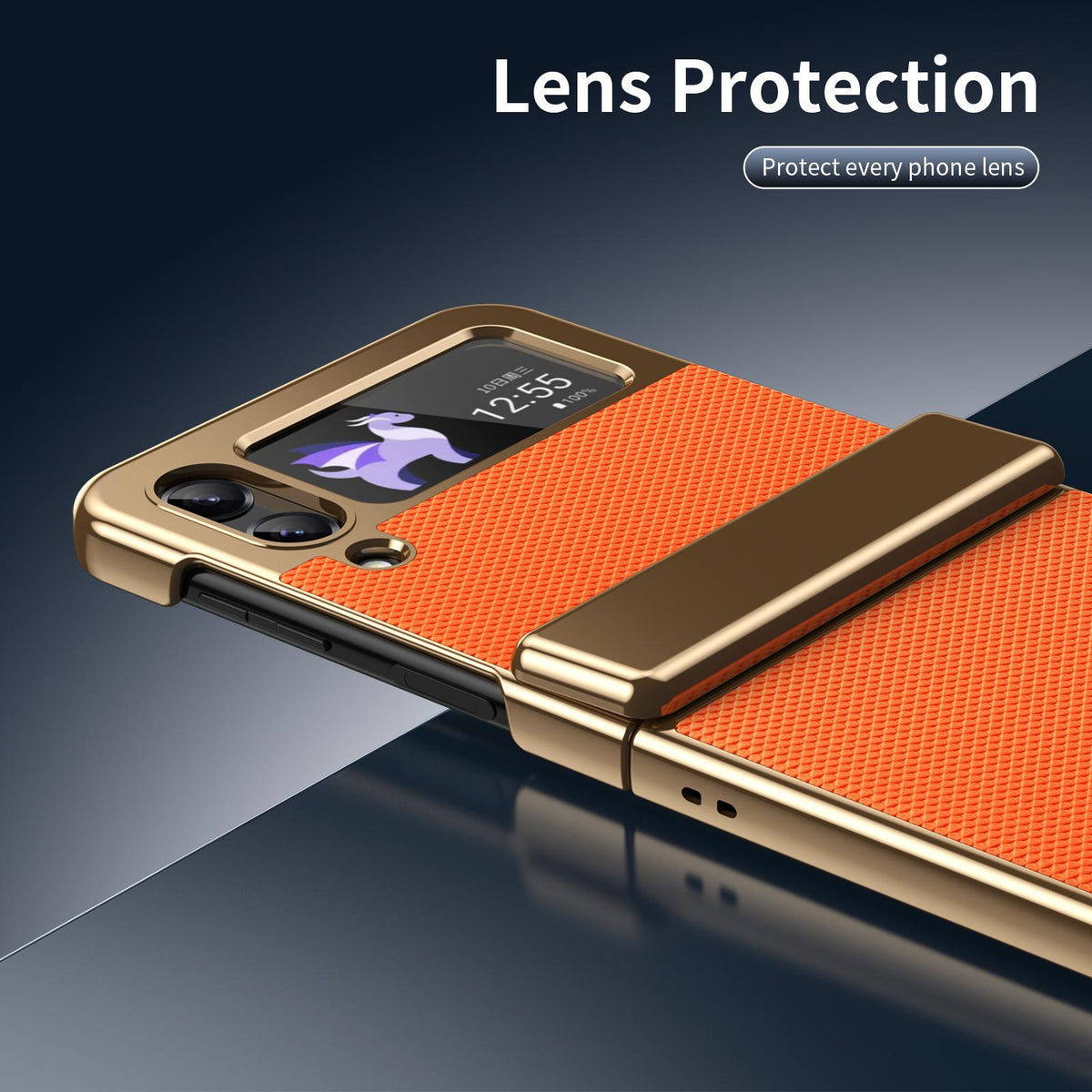 For Galaxy Z Flip3 5G Electroplated PC Fold Shockproof Vegan Leather Phone Case - Orange - EDA010120012D