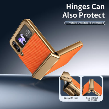 For Galaxy Z Flip3 5G Electroplated PC Fold Shockproof Vegan Leather Phone Case - Orange - EDA010120012D