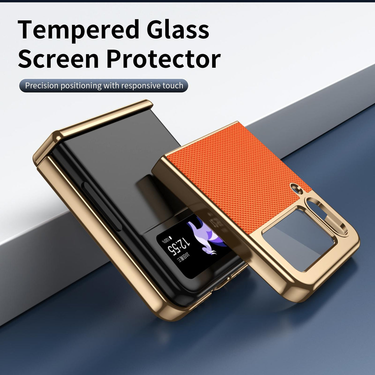 For Galaxy Z Flip3 5G Electroplated PC Fold Shockproof Vegan Leather Phone Case - Orange - EDA010120012D