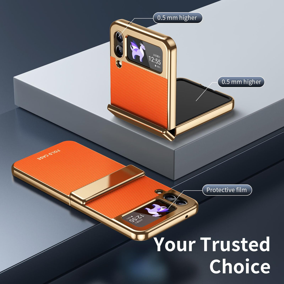For Galaxy Z Flip3 5G Electroplated PC Fold Shockproof Vegan Leather Phone Case - Orange - EDA010120012D