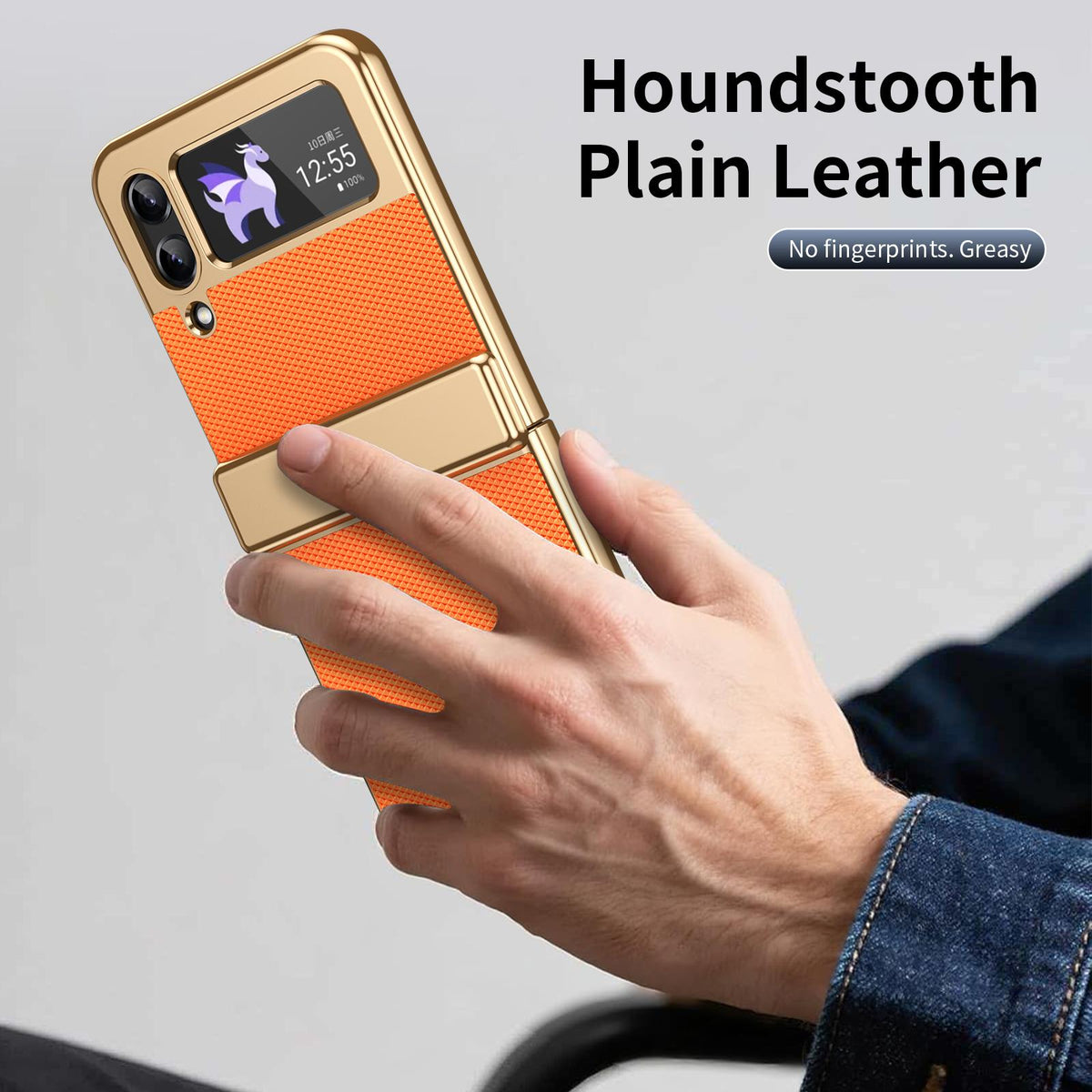 For Galaxy Z Flip3 5G Electroplated PC Fold Shockproof Vegan Leather Phone Case - Orange - EDA010120012D