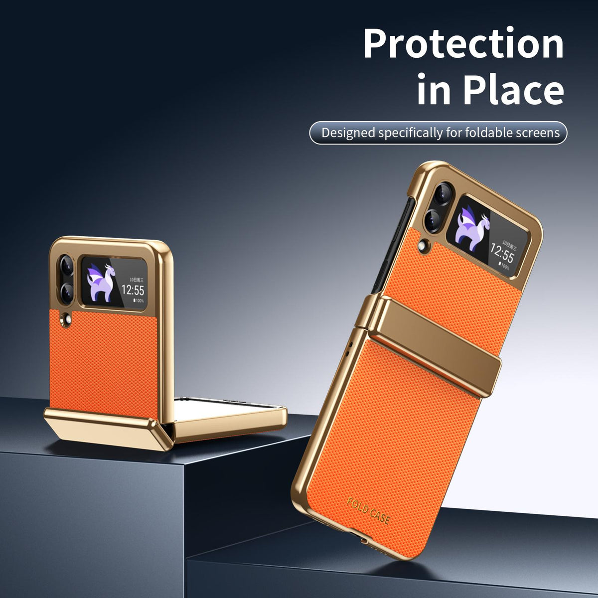 For Galaxy Z Flip3 5G Electroplated PC Fold Shockproof Vegan Leather Phone Case - Orange - EDA010120012D