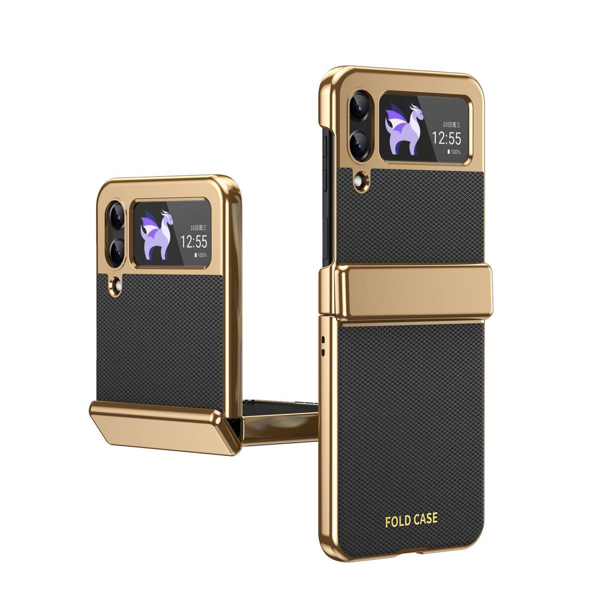 For Galaxy Z Flip3 5G Electroplated PC Fold Shockproof Vegan Leather Phone Case - Black - EDA010120012E