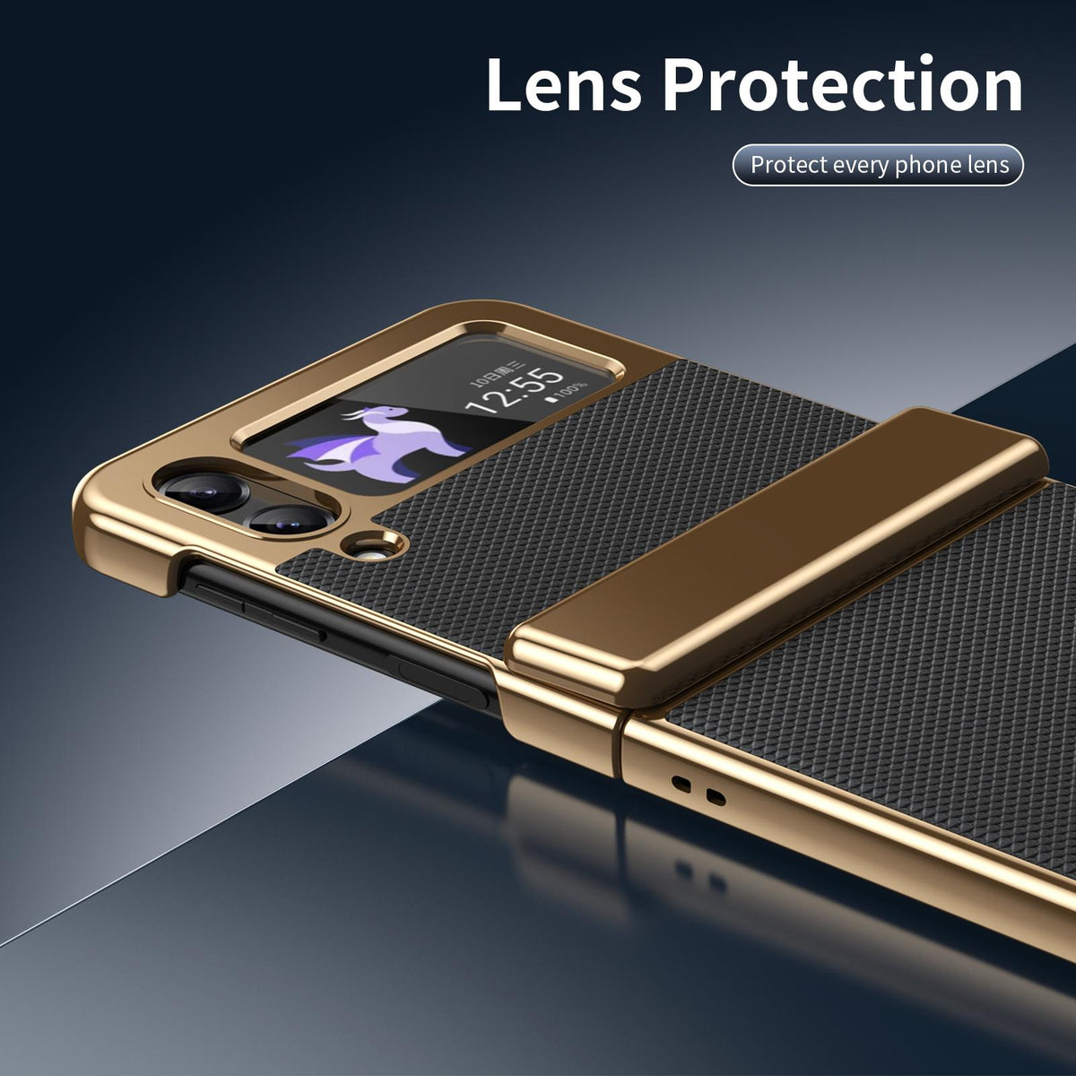 For Galaxy Z Flip3 5G Electroplated PC Fold Shockproof Vegan Leather Phone Case - Black - EDA010120012E