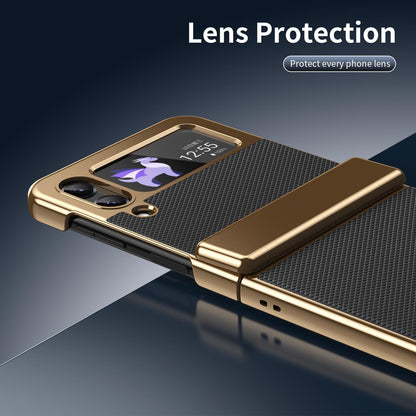 For Galaxy Z Flip3 5G Electroplated PC Fold Shockproof Vegan Leather Phone Case - Black - EDA010120012E