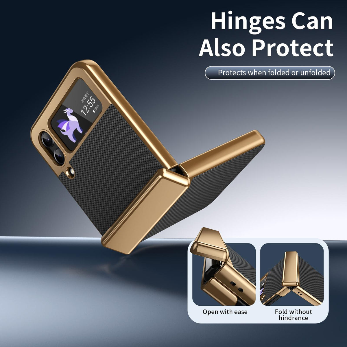 For Galaxy Z Flip3 5G Electroplated PC Fold Shockproof Vegan Leather Phone Case - Black - EDA010120012E