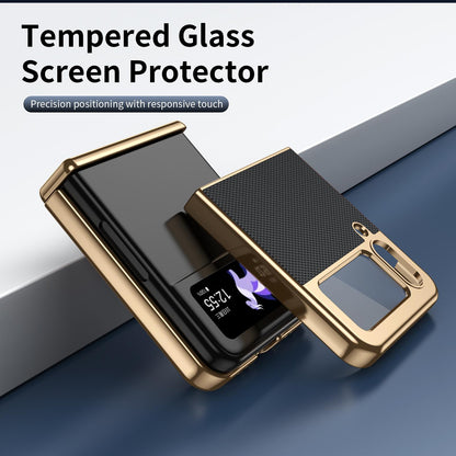 For Galaxy Z Flip3 5G Electroplated PC Fold Shockproof Vegan Leather Phone Case - Black - EDA010120012E