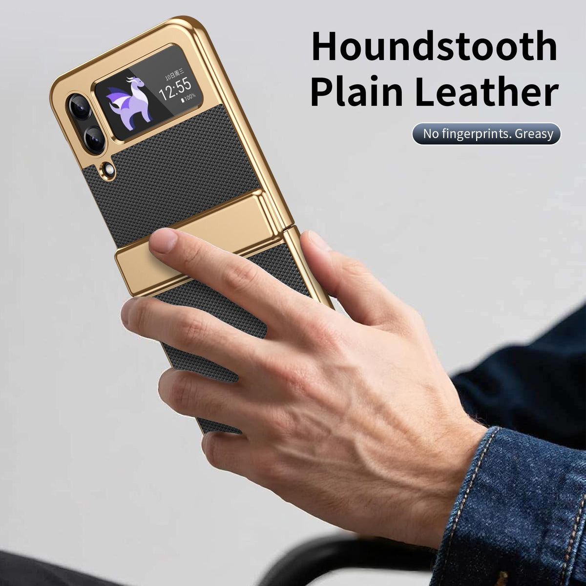 For Galaxy Z Flip3 5G Electroplated PC Fold Shockproof Vegan Leather Phone Case - Black - EDA010120012E