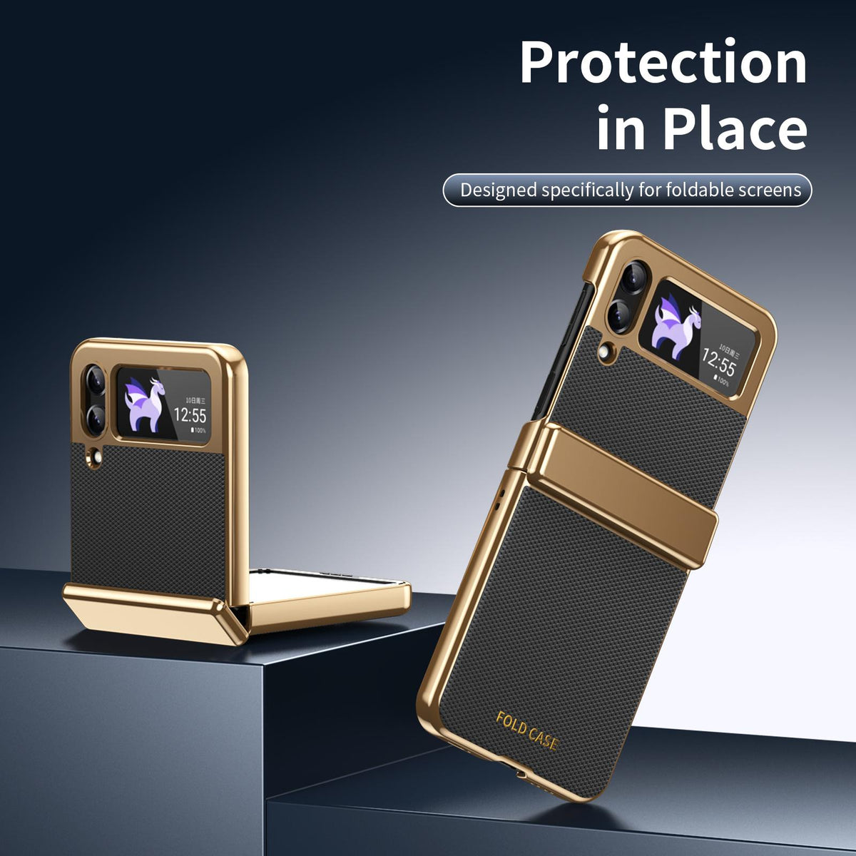 For Galaxy Z Flip3 5G Electroplated PC Fold Shockproof Vegan Leather Phone Case - Black - EDA010120012E