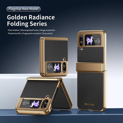 For Galaxy Z Flip3 5G Electroplated PC Fold Shockproof Vegan Leather Phone Case - Black - EDA010120012E