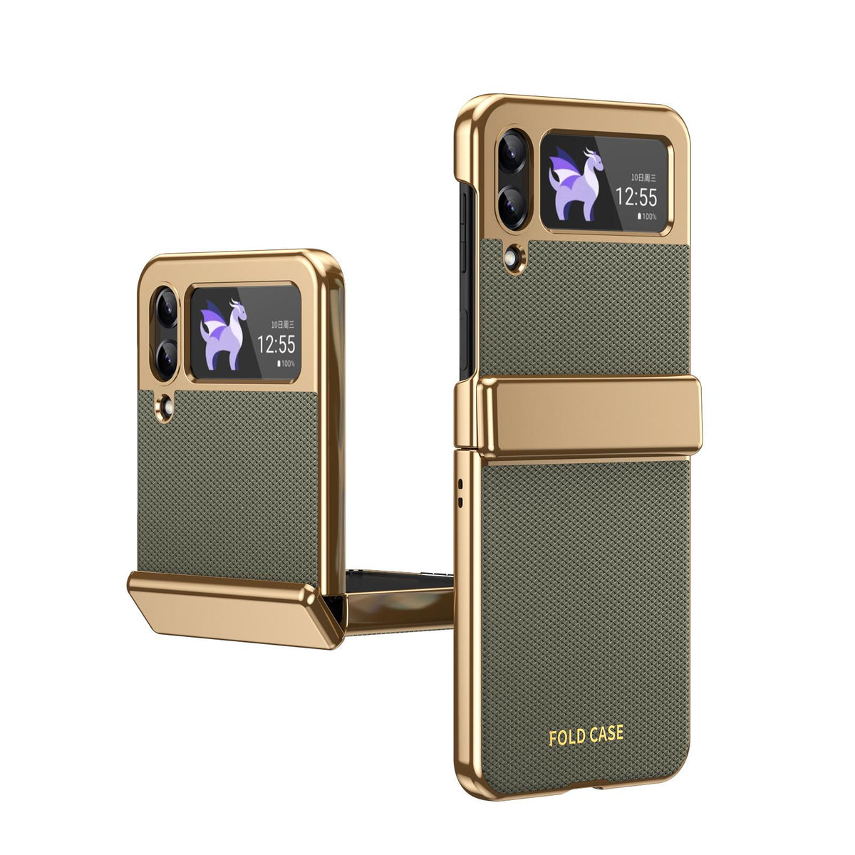 For Galaxy Z Flip3 5G Electroplated PC Fold Shockproof Vegan Leather Phone Case - Olive Green - EDA010120012F