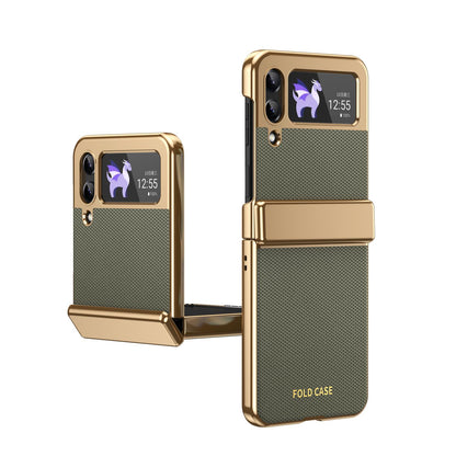 For Galaxy Z Flip3 5G Electroplated PC Fold Shockproof Vegan Leather Phone Case - Olive Green - EDA010120012F