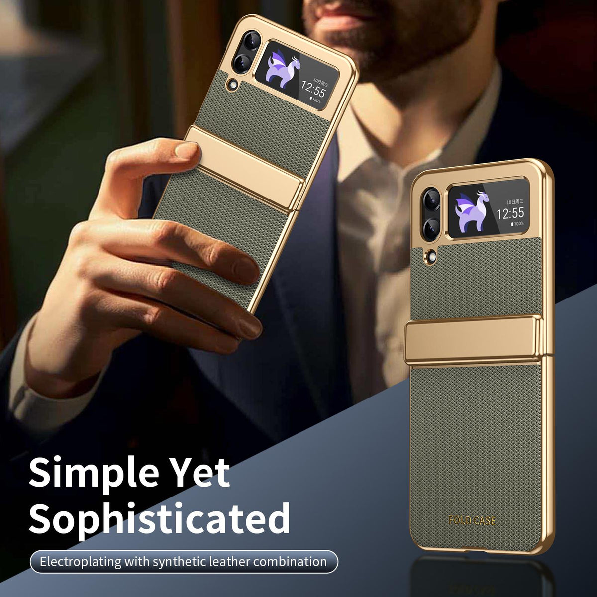 For Galaxy Z Flip3 5G Electroplated PC Fold Shockproof Vegan Leather Phone Case - Olive Green - EDA010120012F