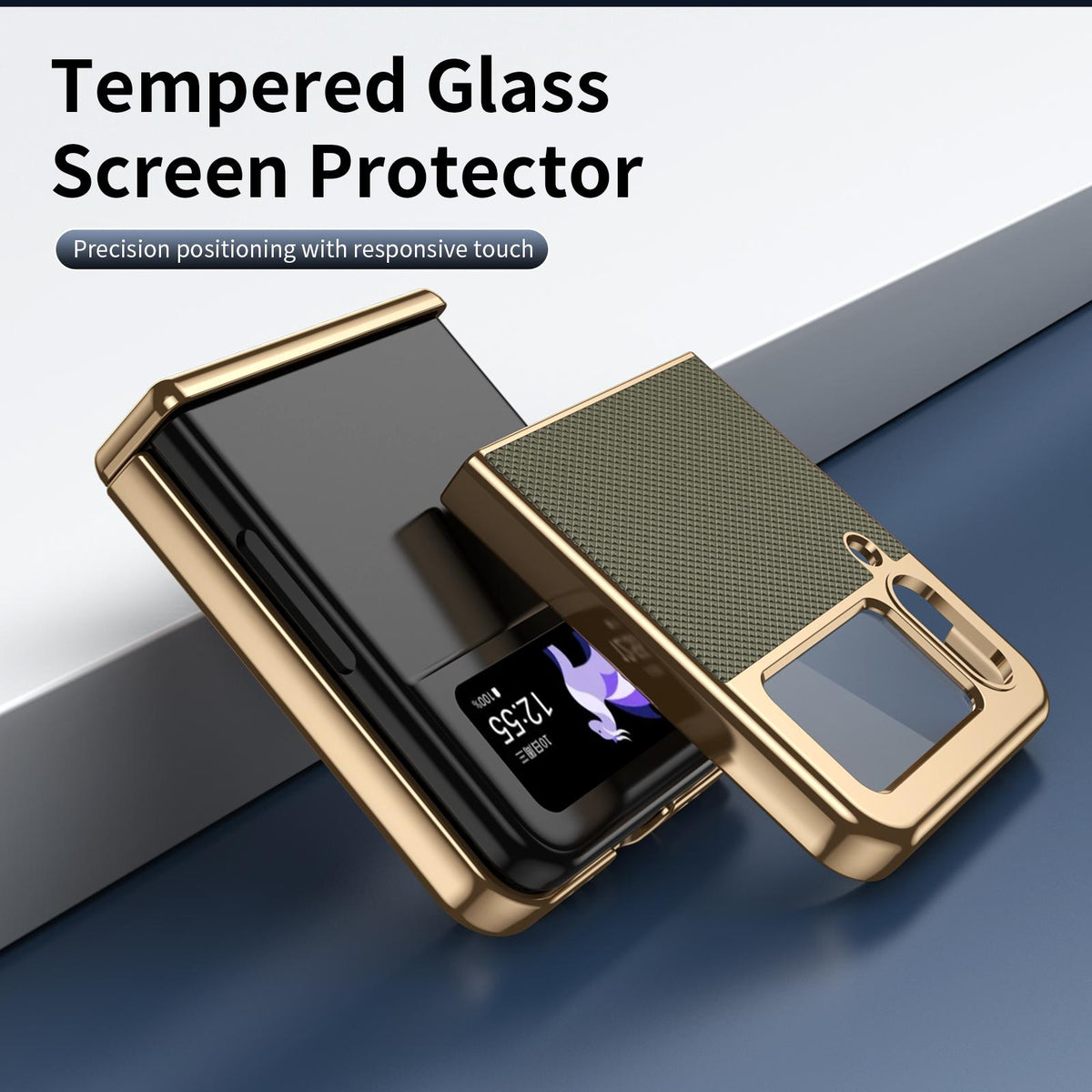 For Galaxy Z Flip3 5G Electroplated PC Fold Shockproof Vegan Leather Phone Case - Olive Green - EDA010120012F