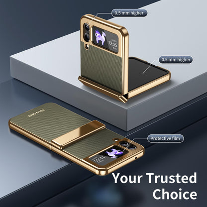 For Galaxy Z Flip3 5G Electroplated PC Fold Shockproof Vegan Leather Phone Case - Olive Green - EDA010120012F