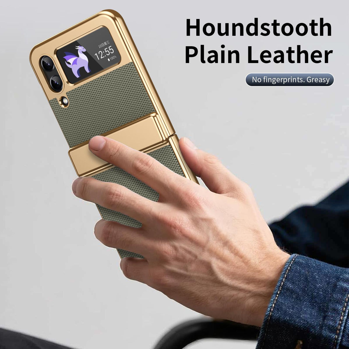 For Galaxy Z Flip3 5G Electroplated PC Fold Shockproof Vegan Leather Phone Case - Olive Green - EDA010120012F