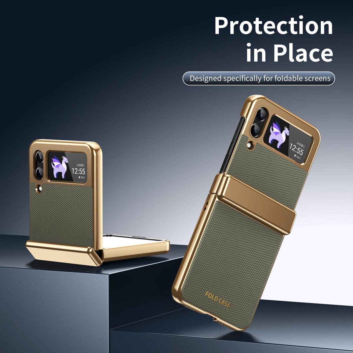 For Galaxy Z Flip3 5G Electroplated PC Fold Shockproof Vegan Leather Phone Case - Olive Green - EDA010120012F