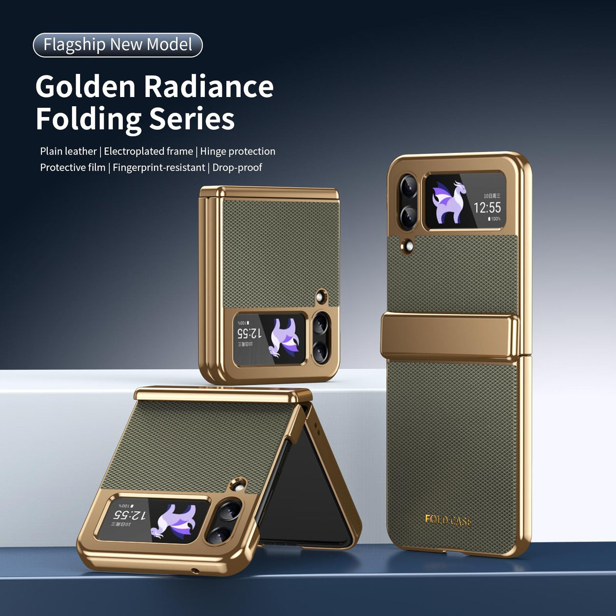 For Galaxy Z Flip3 5G Electroplated PC Fold Shockproof Vegan Leather Phone Case - Olive Green - EDA010120012F