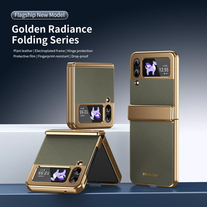 For Galaxy Z Flip3 5G Electroplated PC Fold Shockproof Vegan Leather Phone Case - Olive Green - EDA010120012F