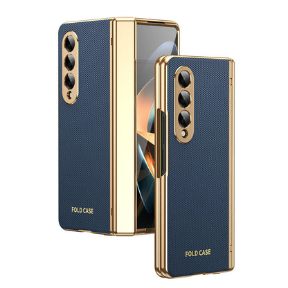 For Galaxy Z Fold3 5G Electroplated PC Fold Shockproof Vegan Leather Phone Case - Blue - EDA010120013A