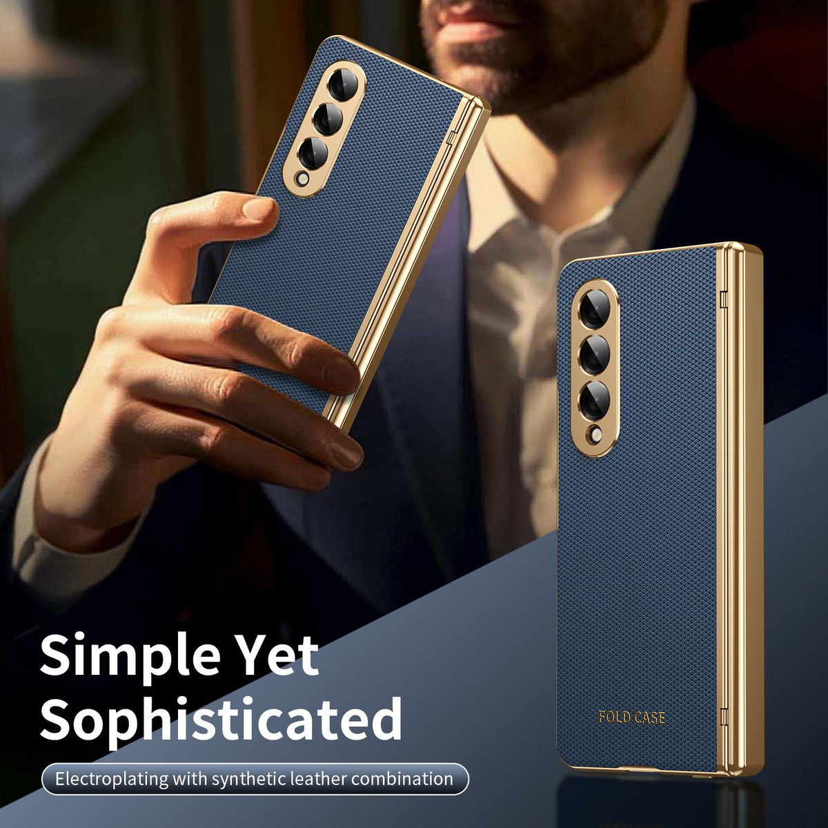 For Galaxy Z Fold3 5G Electroplated PC Fold Shockproof Vegan Leather Phone Case - Blue - EDA010120013A