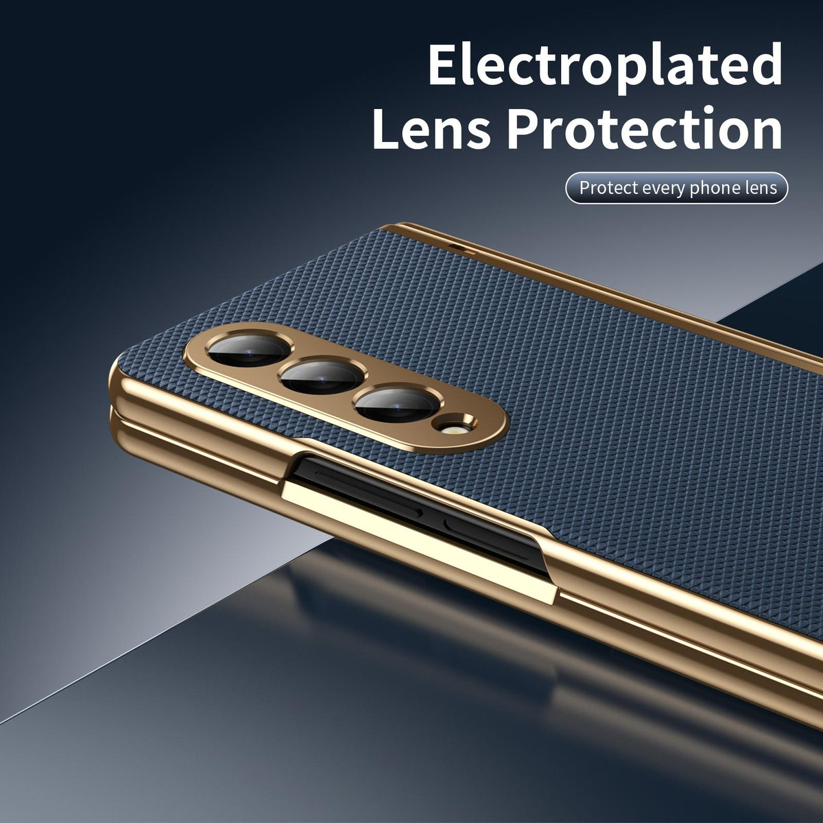 For Galaxy Z Fold3 5G Electroplated PC Fold Shockproof Vegan Leather Phone Case - Blue - EDA010120013A