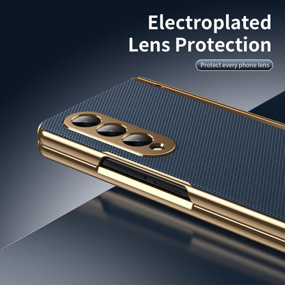 For Galaxy Z Fold3 5G Electroplated PC Fold Shockproof Vegan Leather Phone Case - Blue - EDA010120013A