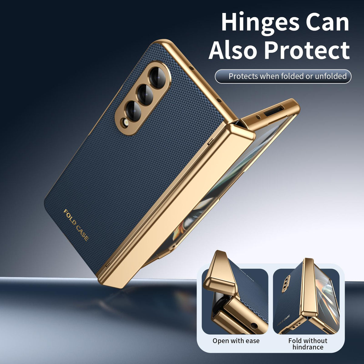 For Galaxy Z Fold3 5G Electroplated PC Fold Shockproof Vegan Leather Phone Case - Blue - EDA010120013A