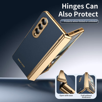For Galaxy Z Fold3 5G Electroplated PC Fold Shockproof Vegan Leather Phone Case - Blue - EDA010120013A