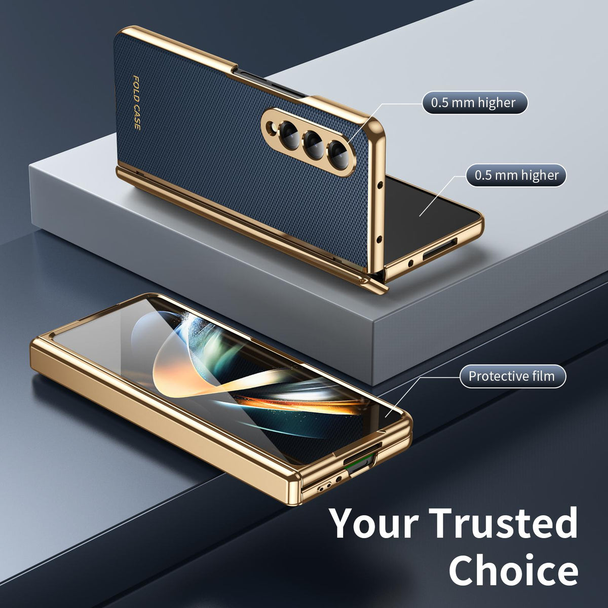 For Galaxy Z Fold3 5G Electroplated PC Fold Shockproof Vegan Leather Phone Case - Blue - EDA010120013A