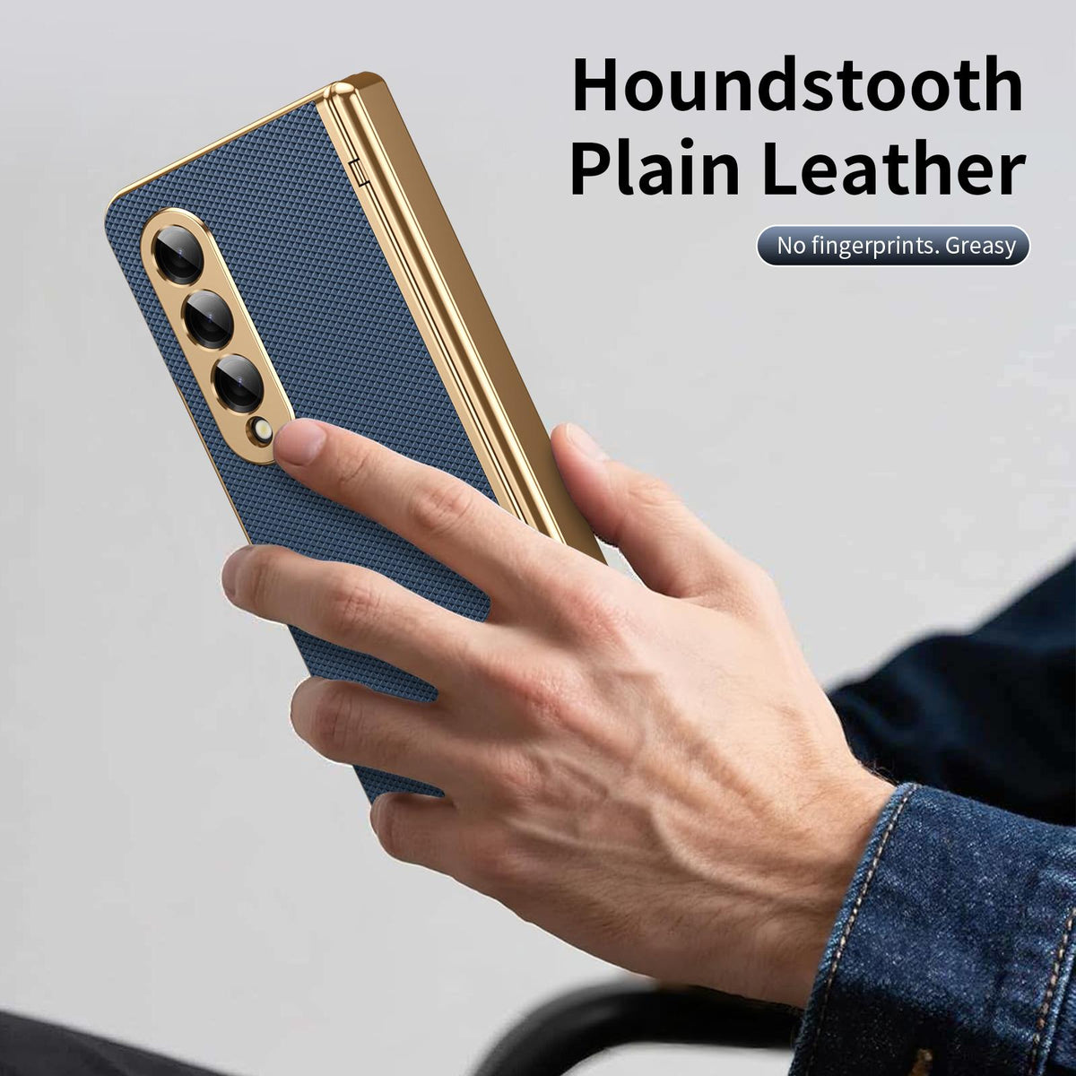 For Galaxy Z Fold3 5G Electroplated PC Fold Shockproof Vegan Leather Phone Case - Blue - EDA010120013A