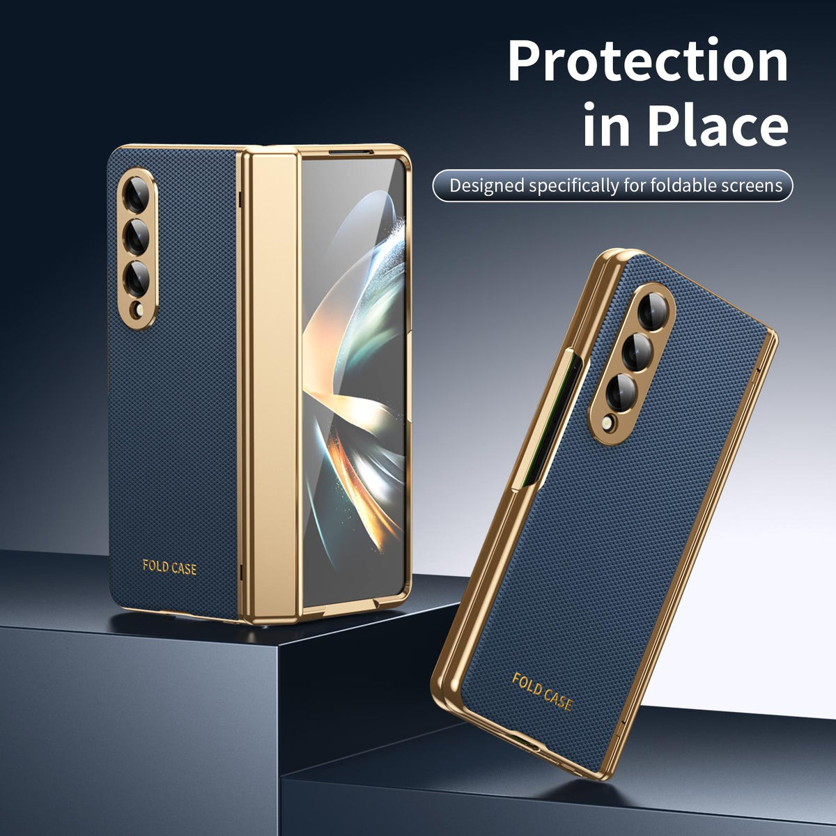 For Galaxy Z Fold3 5G Electroplated PC Fold Shockproof Vegan Leather Phone Case - Blue - EDA010120013A
