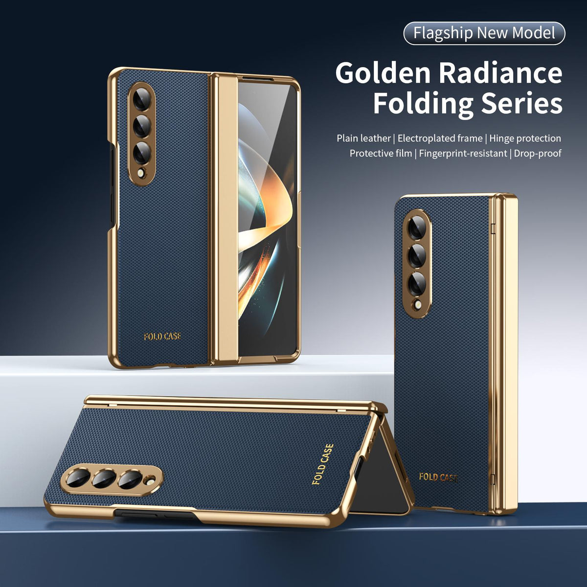 For Galaxy Z Fold3 5G Electroplated PC Fold Shockproof Vegan Leather Phone Case - Blue - EDA010120013A