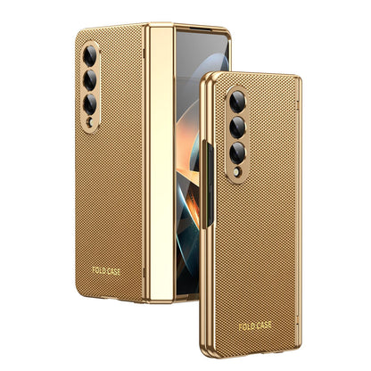 For Galaxy Z Fold3 5G Electroplated PC Fold Shockproof Vegan Leather Phone Case - Gold - EDA010120013B