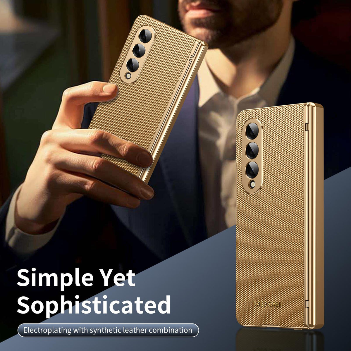 For Galaxy Z Fold3 5G Electroplated PC Fold Shockproof Vegan Leather Phone Case - Gold - EDA010120013B