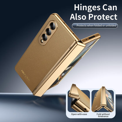 For Galaxy Z Fold3 5G Electroplated PC Fold Shockproof Vegan Leather Phone Case - Gold - EDA010120013B