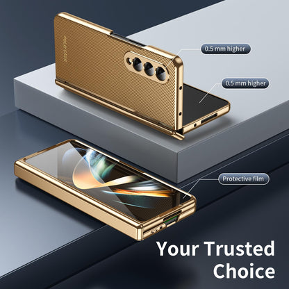 For Galaxy Z Fold3 5G Electroplated PC Fold Shockproof Vegan Leather Phone Case - Gold - EDA010120013B