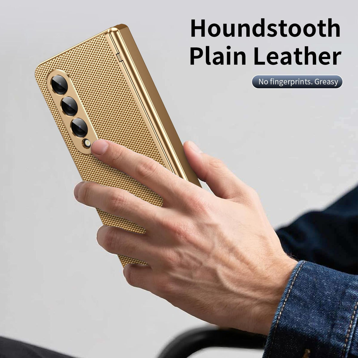 For Galaxy Z Fold3 5G Electroplated PC Fold Shockproof Vegan Leather Phone Case - Gold - EDA010120013B