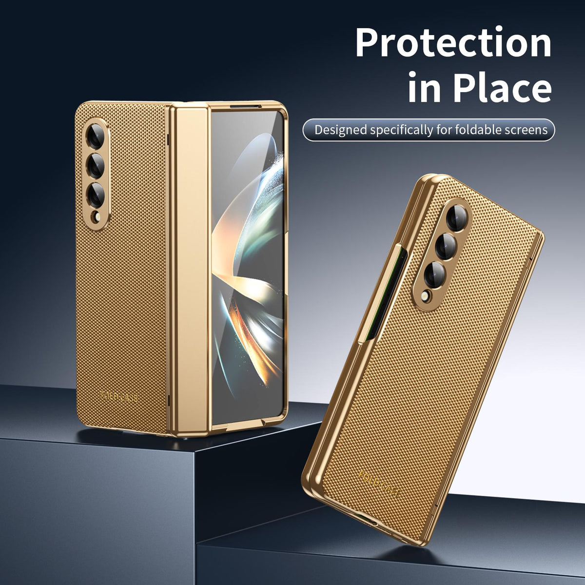 For Galaxy Z Fold3 5G Electroplated PC Fold Shockproof Vegan Leather Phone Case - Gold - EDA010120013B