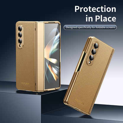 For Galaxy Z Fold3 5G Electroplated PC Fold Shockproof Vegan Leather Phone Case - Gold - EDA010120013B