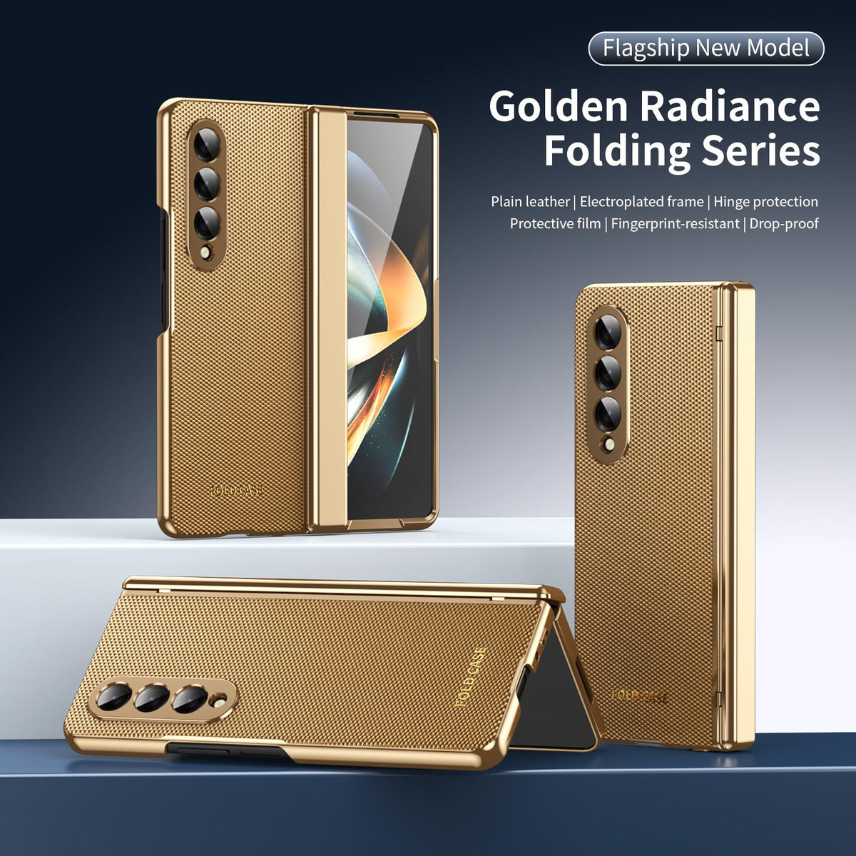 For Galaxy Z Fold3 5G Electroplated PC Fold Shockproof Vegan Leather Phone Case - Gold - EDA010120013B