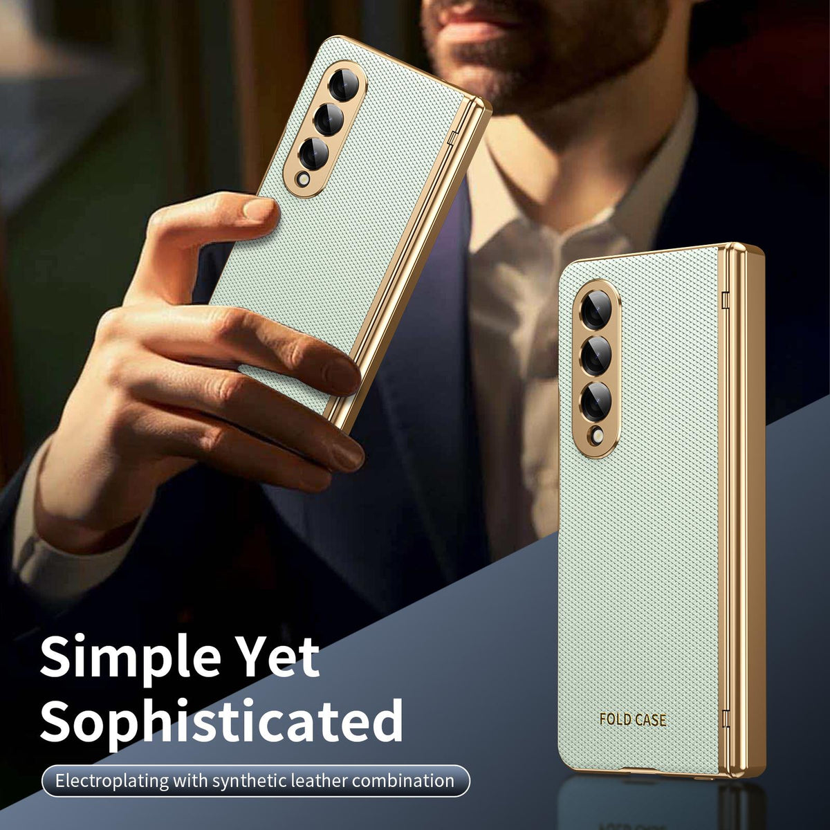 For Galaxy Z Fold3 5G Electroplated PC Fold Shockproof Vegan Leather Phone Case - Cyan - EDA010120013C