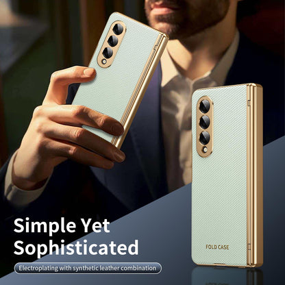 For Galaxy Z Fold3 5G Electroplated PC Fold Shockproof Vegan Leather Phone Case - Cyan - EDA010120013C