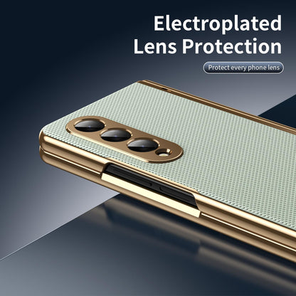 For Galaxy Z Fold3 5G Electroplated PC Fold Shockproof Vegan Leather Phone Case - Cyan - EDA010120013C
