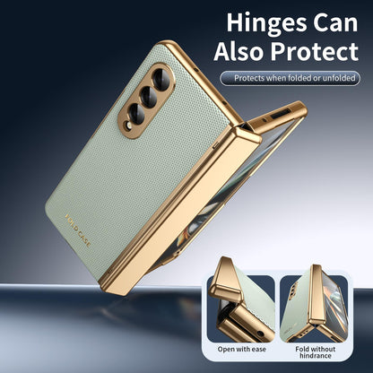 For Galaxy Z Fold3 5G Electroplated PC Fold Shockproof Vegan Leather Phone Case - Cyan - EDA010120013C